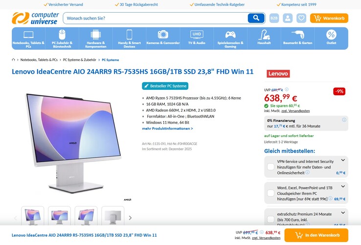 Lenovo IdeaCentre AIO 3 24ARR9 F0HR00ACGE für 638,99 Euro.