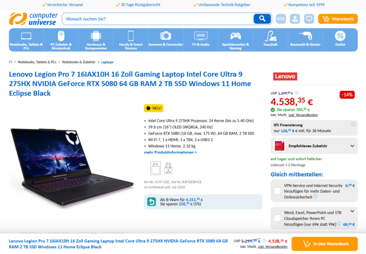 Lenovo Legion Pro 7 16IAX10H 83F5008HGE 4.538,35 Euro.