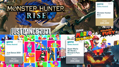 game Sales Awards März 2021: Just Dance 2021, Super Mario Bowser's Fury und Monster Hunter Rise.