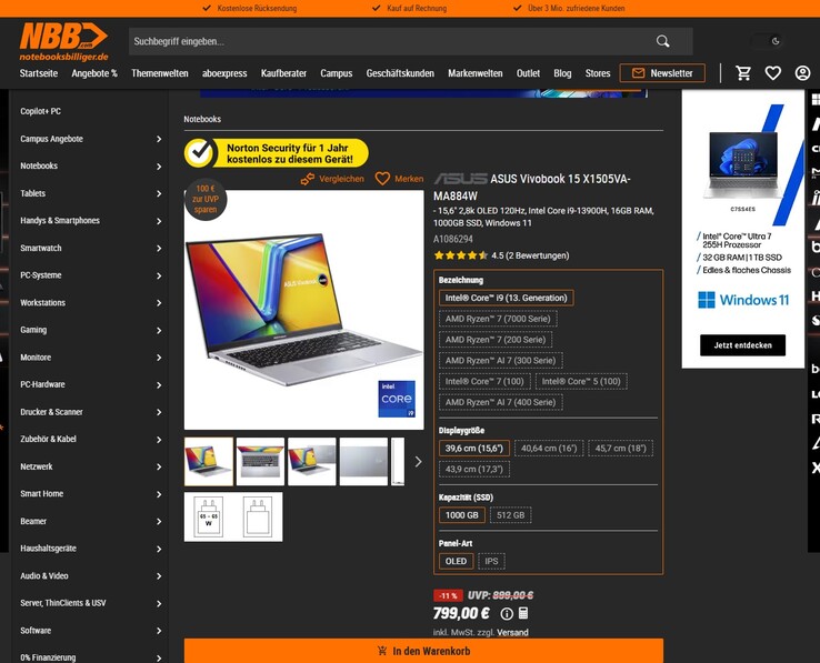 Asus VivoBook 15 OLED X1505VA-MA884W für 799 Euro.