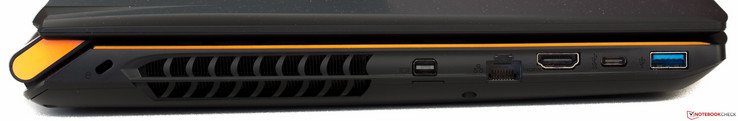 linke Seite: Kensington, Luftauslass, Mini DisplayPort, Ethernet, HDMI, USB 3.1 Gen2 Typ-C, USB 3.0