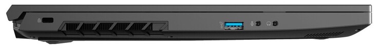 Linke Seite: Kensington-Lock, 1x USB 3.2 Gen2 Typ-A, 1x 3,5-mm-Mikrofon, 1x 3,5-mm-Kopfhörer