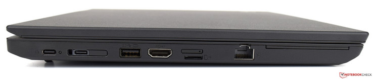 Linke Seite: 2x USB 3.1 Typ-C Gen 1, Docking-Port, USB 3.0 Gen 1, HDMI 1.4b, nano-SIM, microSD-Kartenslot, Ethernet