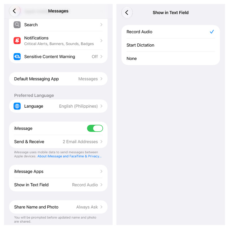 Apples Nachrichten-App erhält eine neue Einstellung, mit der sich die Diktier-Schaltfläche im Texteingabefeld ausblenden lässt.