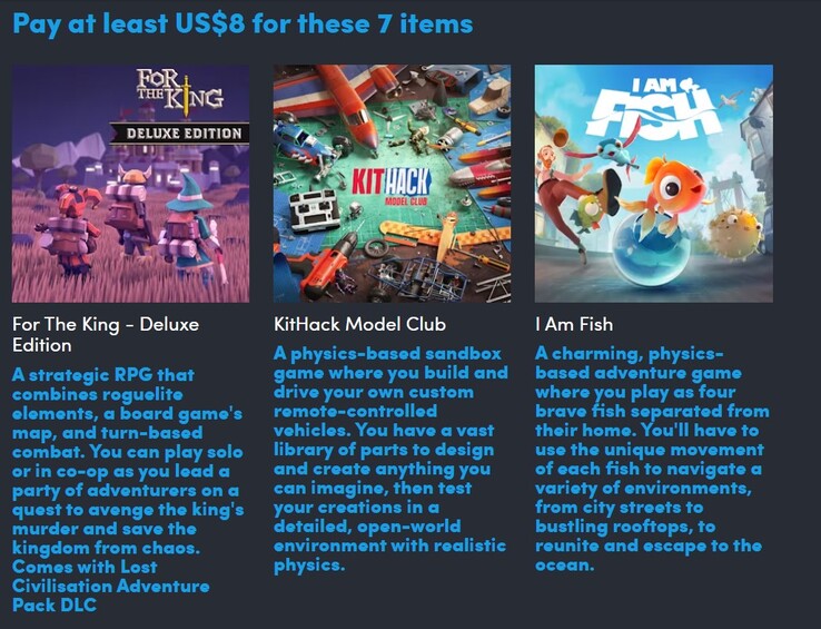 Spielbeschreibungen und Poster. Sieben Spiele für 8 Euro. (Bildquelle: Humble Bundle)