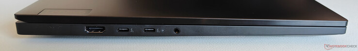 Links: HDMI 2.1, 2x USB-C 4.0 mit Thunderbolt 5 (80 Gbit/s, DisplayPort 2.1, Power Delivery 3.1), 3,5-mm-Audio