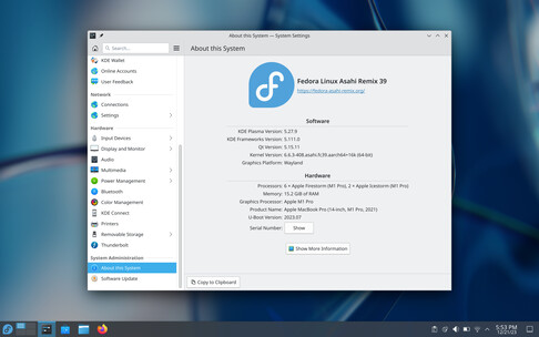 Der KDE Plasma Desktop von Fedora 39 Asahi Remix (Bild: Asahi Blog).