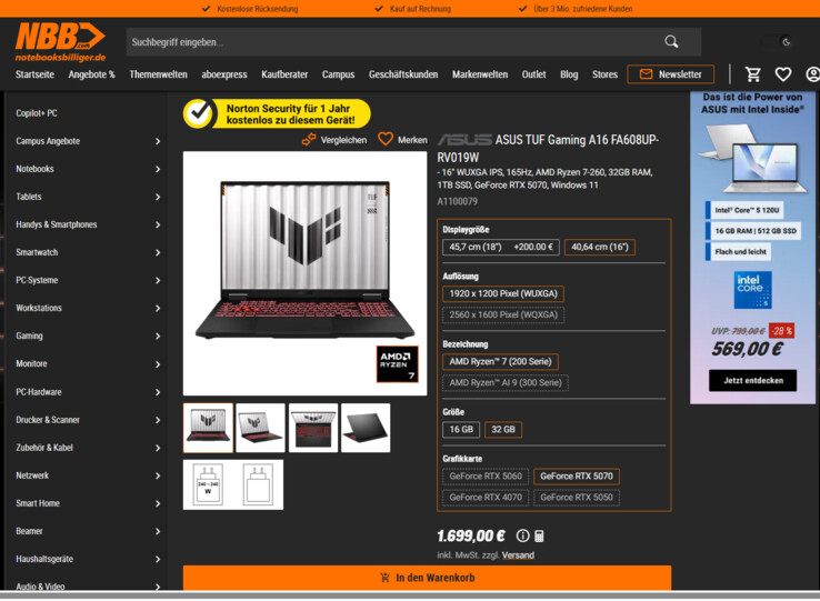 Asus TUF Gaming A16 FA608UP-RV019W für 1.699 Euro.