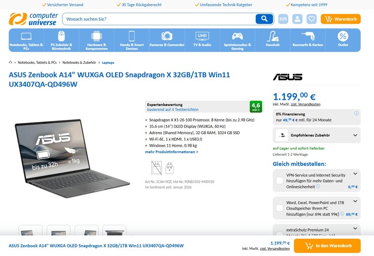 Asus ZenBook A14 UX3407QA-QD496W für 1.199 Euro.