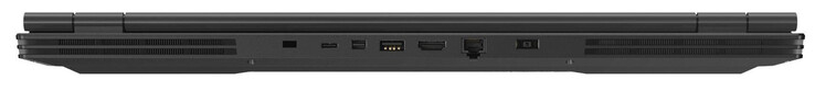 Rückseite: Steckplatz für ein Kabelschloss, USB 3.2 Gen 1 (Typ C), Mini Displayport 1.4, USB 3.2 Gen 1 (Typ A), HDMI 2.0, Gigabit-Ethernet, Netzanschluss