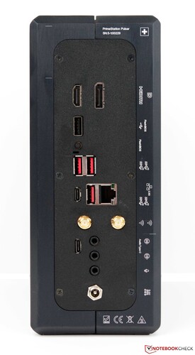 Hinten: HDMI, DisplayPort, 1x USB 2.0 Typ A, 3x USB 3.2 Typ A, 1x USB 3.2 Typ C, 1x Audio USB Typ C,2 x Line-In, 1x Line-Out, WLAN-Antennen, Netzanschluss