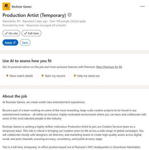 LinkedIn-Stellenanzeige von Rockstar Games für einen 