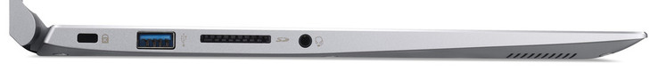 Linke Seite: Kabelschloss, 1x USB 3.1 Gen1 Typ-A, Speicherkartenleser, kombinierter Audioanschluss