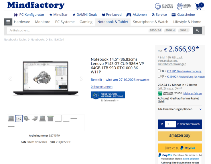 Lenovo ThinkPad P14s G7 21XJ005SGE für 2.666,99 Euro