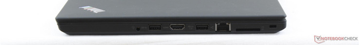 rechts: 3,5-mm-Kombo, 2x USB 3.0, HDMI 1.4, Gigabit-Ethernet, SD-Leser, Kensington Lock