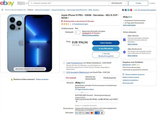 Deal: Apple iPhone 13 Pro 128 GB zum Bestpreis für unter 1.000 Euro im Angebot auf eBay.