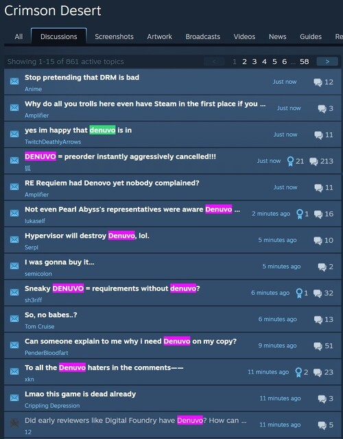 Denuvo-Beschwerden zu Crimson Desert im Steam-Forum.