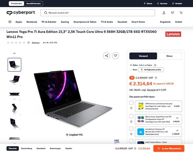 Lenovo Yoga Pro 7 15IPH11 83SN001TGE für 2.314,64 Euro.