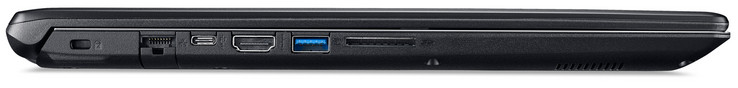 linke Seite: Steckplatz für ein Kabelschloss, Gigabit-Ethernet, USB 3.1 Gen 1 (Typ-C), HDMI, USB 3.1 Gen 1 (Typ-A), Speicherkartenleser (SD)