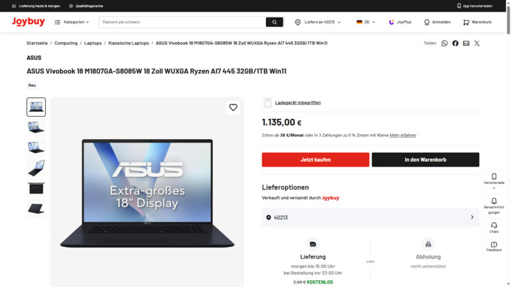 Asus VivoBook 18 M1807GA-S8085W für 1.135 Euro.