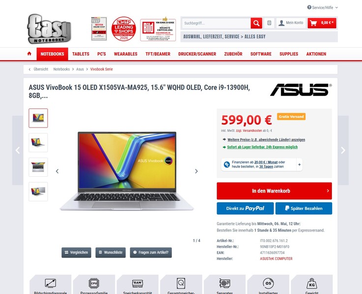 Asus VivoBook 15 OLED X1505VA-MA925 für 599 Euro.