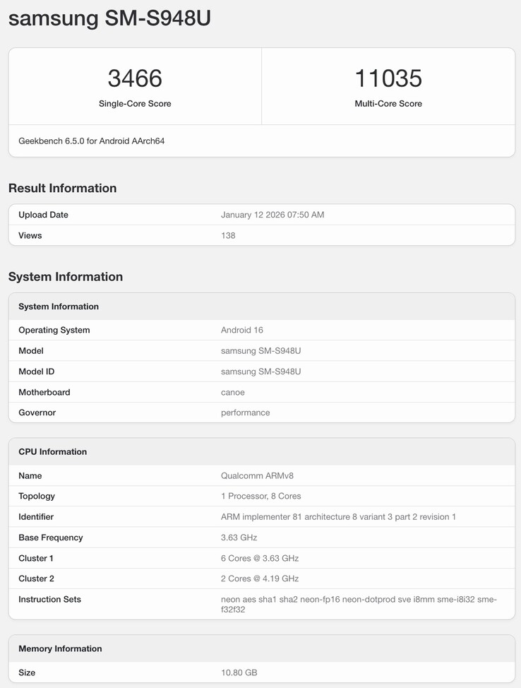 Geekbench-Auflistung des Galaxy S26 Ultra. (Bildquelle: Geekbench)