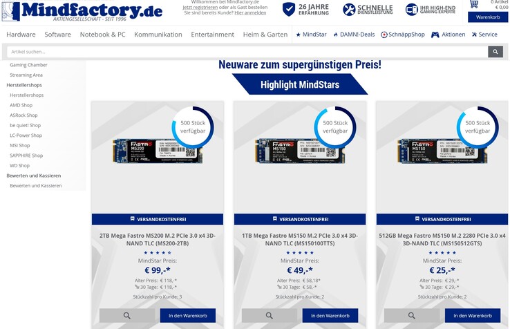 MindStar Angebote bei Mindfactory - 512-GB- bis 2-TB-SSD für 25 bis 99 Euro