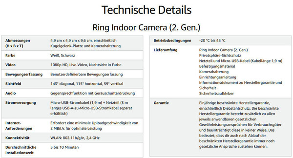 Technische Daten Ring Indoor Camera 2. Generation.