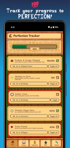 Der Perfektions-Tracker in der Gunther’s Library-App (Bildquelle: Google Play Store)