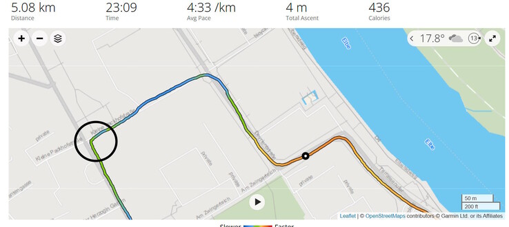 In Kurven lassen sich die einzelnen Datenpunkte sehen, dort könnte die 5 Hz-Aufzeichnung Vorteile bieten (Bildquelle: Silvio Werner)