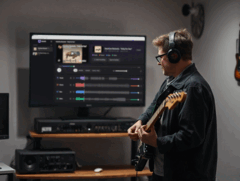 Gitarrist spielt vor einem Monitor mit StemKit App darauf