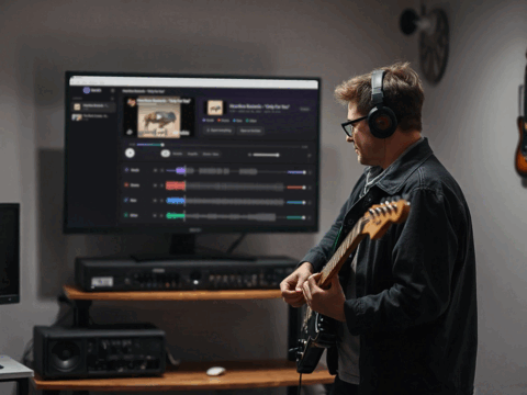 Gitarrist spielt vor einem Monitor mit StemKit App darauf