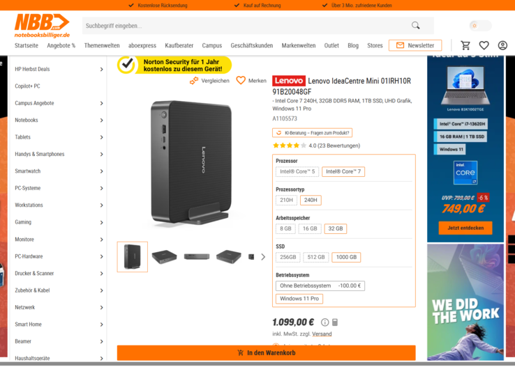Lenovo IdeaCentre Mini 01IRH10R 91B20048GF für 1.099 Euro.