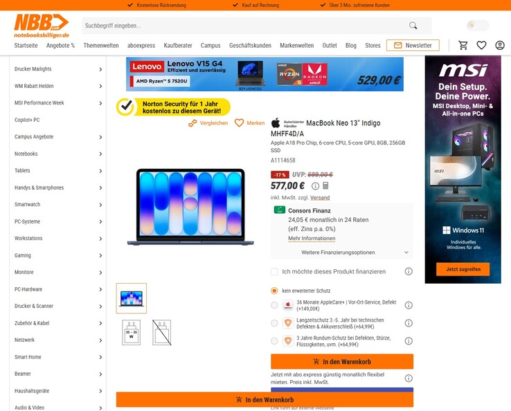 Apple MacBook Neo (Indigo) für 577 Euro.
