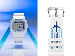 Im Bild: Die Casio x ANA DW-5600 Kollaborationsuhr sowie eine Nahaufnahme des Armbands mit luftfahrtinspirierten Details. (Bildquelle: @geesgshock auf Instagram – bearbeitet)