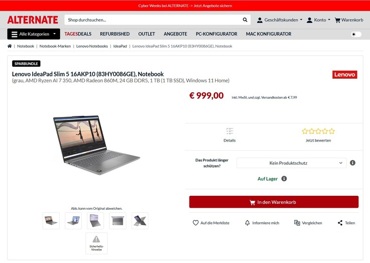 Lenovo IdeaPad Slim 5 16AKP10 (83HY0086GE) für 999 Euro.