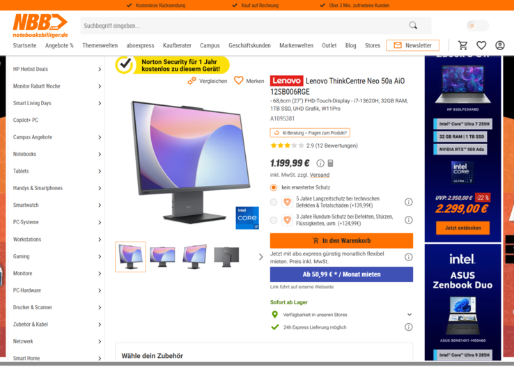 Lenovo ThinkCentre Neo 50a 27 G5 AiO 12SB006RGE für 1.199,99 Euro.