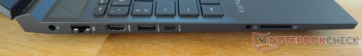 linke Seite: Netzteilanschluss, RJ45-LAN, HDMI 2.1, USB-A 3.0, USB-C 3.0 (inkl. DisplayPort), Audio, Cardreader