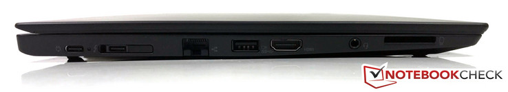 links: Thunderbolt 3, USB-C 3.1 (Gen1), Docking, Gigabit-Ethernet, USB 3.0, HDMI 1.4b, 3,5-mm-Audio, Fullsize-Kartenleser