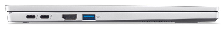 Linke Seite: 2x Thunderbolt 4/USB 4 (USB-C; Power Delivery, Displayport), HDMI, USB 3.2 Gen 1 (USB-A)