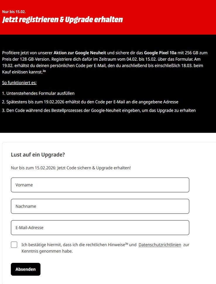 Wer sich registriert, bekommt das 256 GB Pixel 10a zum Preis der 128 GB Version.