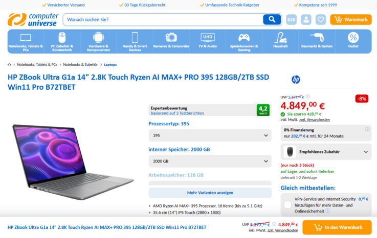 HP ZBook Ultra G1a 14 B72TBET für 4.849 Euro.