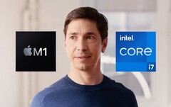 Intel setzt Apples ehemalige Werbeikone ein, um die Vorzüge der eigenen Chips gegenüber dem M1 zu bewerben. (Bild: Intel / Apple, bearbeitet)