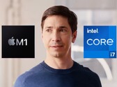 Intel setzt Apples ehemalige Werbeikone ein, um die Vorzüge der eigenen Chips gegenüber dem M1 zu bewerben. (Bild: Intel / Apple, bearbeitet)