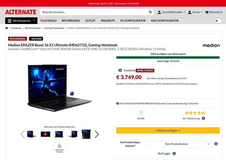 Medion Erazer Beast 16 X1 Ultimate (30039605) für 3.749 Euro.