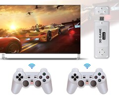 Der Powkiddy Y6 Gaming-Stick wird mit zwei drahtlosen Controllern im PlayStation-Stil geliefert. (Bild: Powkiddy)