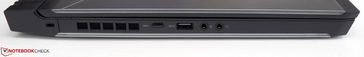 linke Seite: Noble Lock, USB 3.0 Typ-C, USB 3.0 Typ-A, Mikrofon, Kopfhörer