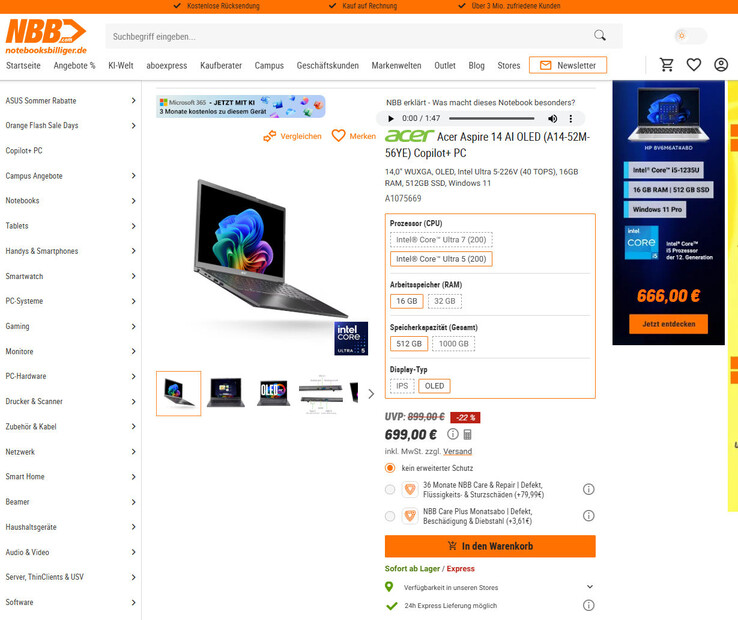 Acer Aspire 14 AI OLED (A14-52M-56YE) für 699 Euro.