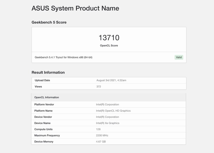 Eine der günstigeren Varianten der Intel Xe-HPG DG2 Gaming-Grafikkarte mit 128 Execution Units wurde bei Geekbench gesichtet. (Screenshot: Geekbench)