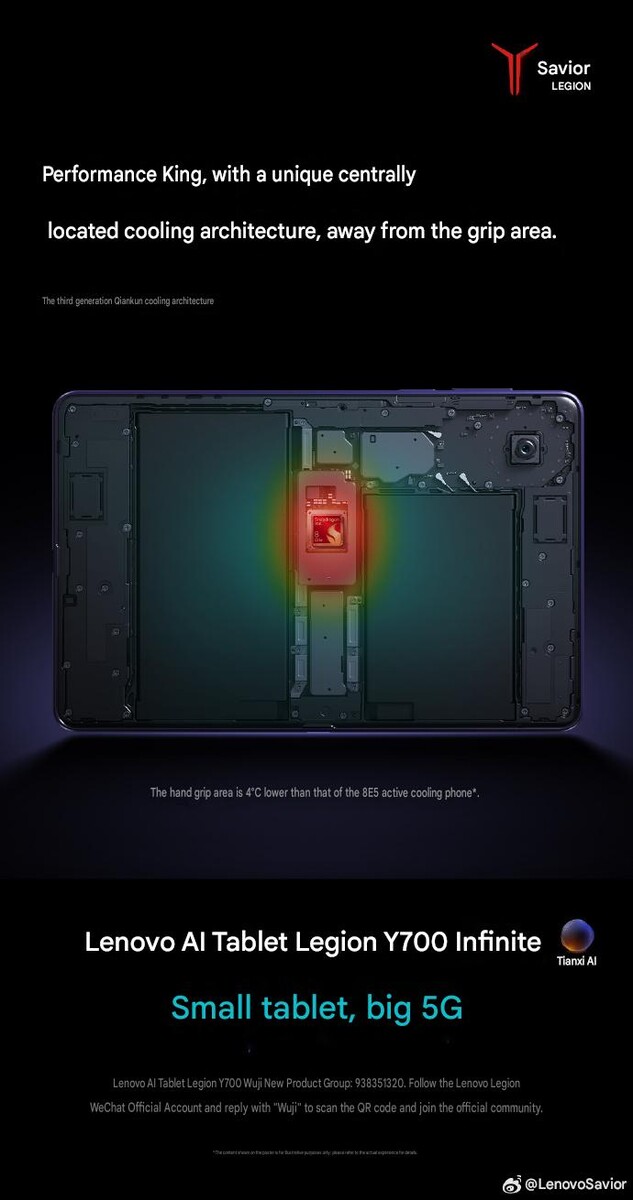 Innenaufbau des Lenovo Legion Y700 Infinite mit zentral platziertem Snapdragon-Prozessor und einem Kühlsystem, das Tablet beim Zocken kühl halten soll